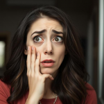 A worried woman is looking around in a panic, wondering what she should do.