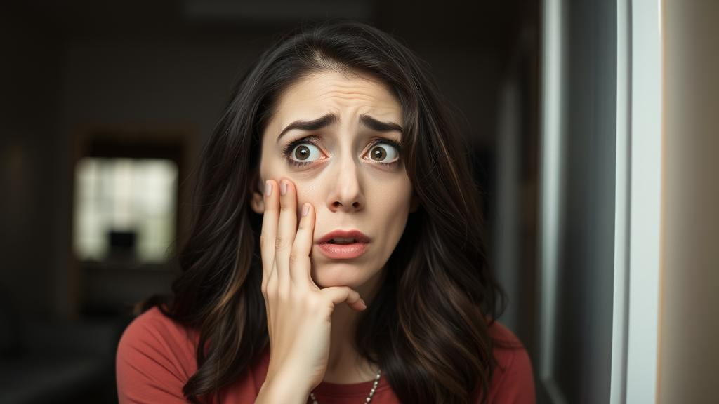 A worried woman is looking around in a panic, wondering what she should do.