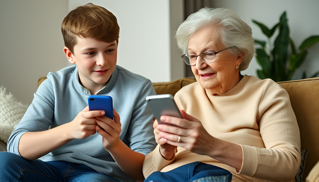 A teenage boy is sitting next to his grandmother and shows her his phone screen (explaining how to install the tracking app).