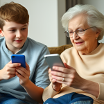 A teenage boy is sitting next to his grandmother and shows her his phone screen (explaining how to install the tracking app).