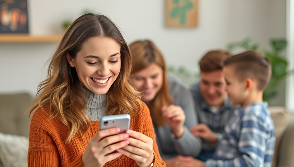 A happy woman is installing and configuring a phone location app, ensuring her phone and family members are trackable at all times.