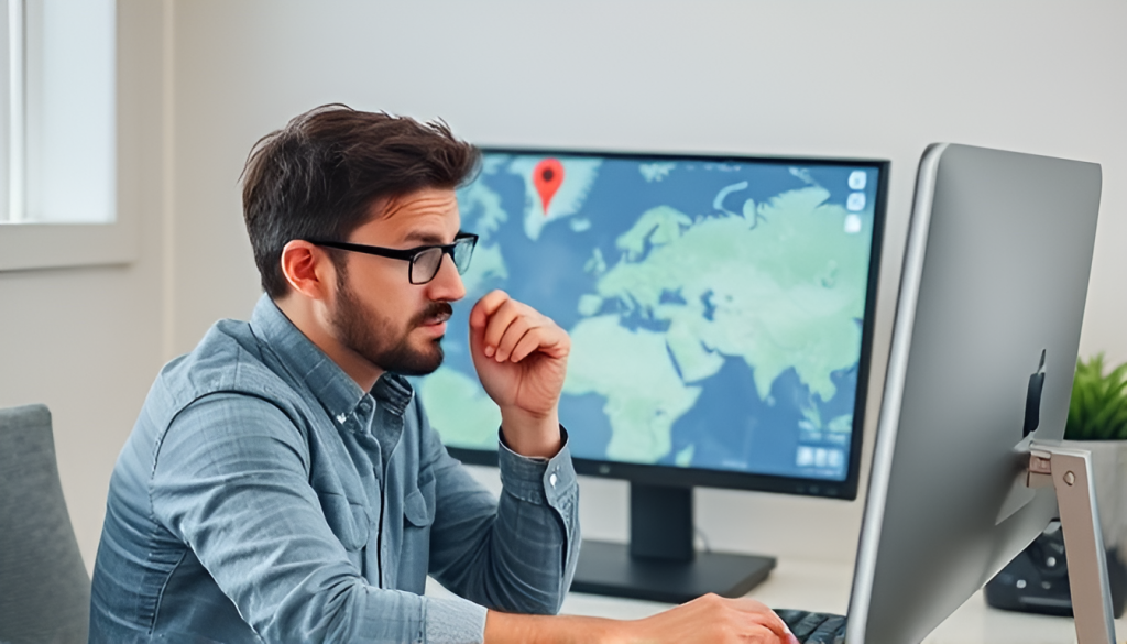 A puzzled male user sits in front of his PC and tries to track the location of his lost device on a map.