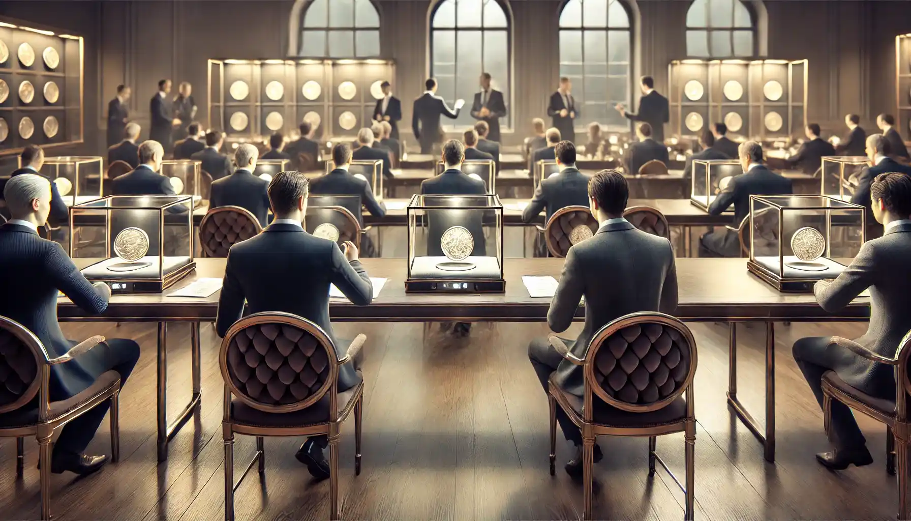 A VIP auction scene featuring participants, which are dressed elegantly, seated in a sophisticated room with detailed glass displays showing rare coins. 