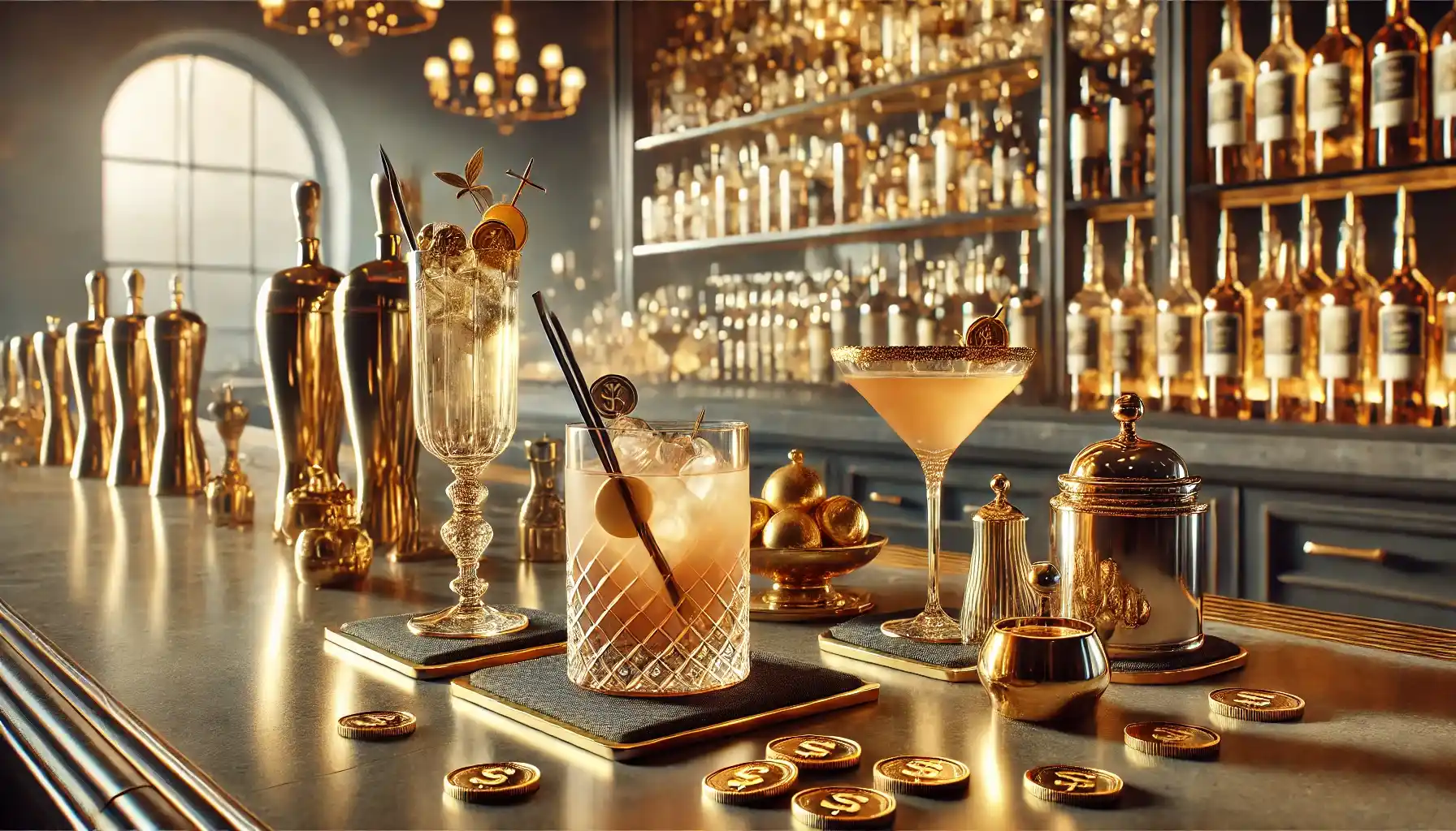 A stylish bar featuring sophisticated cocktails garnished with miniature coins made from chocolate and other golden accents.