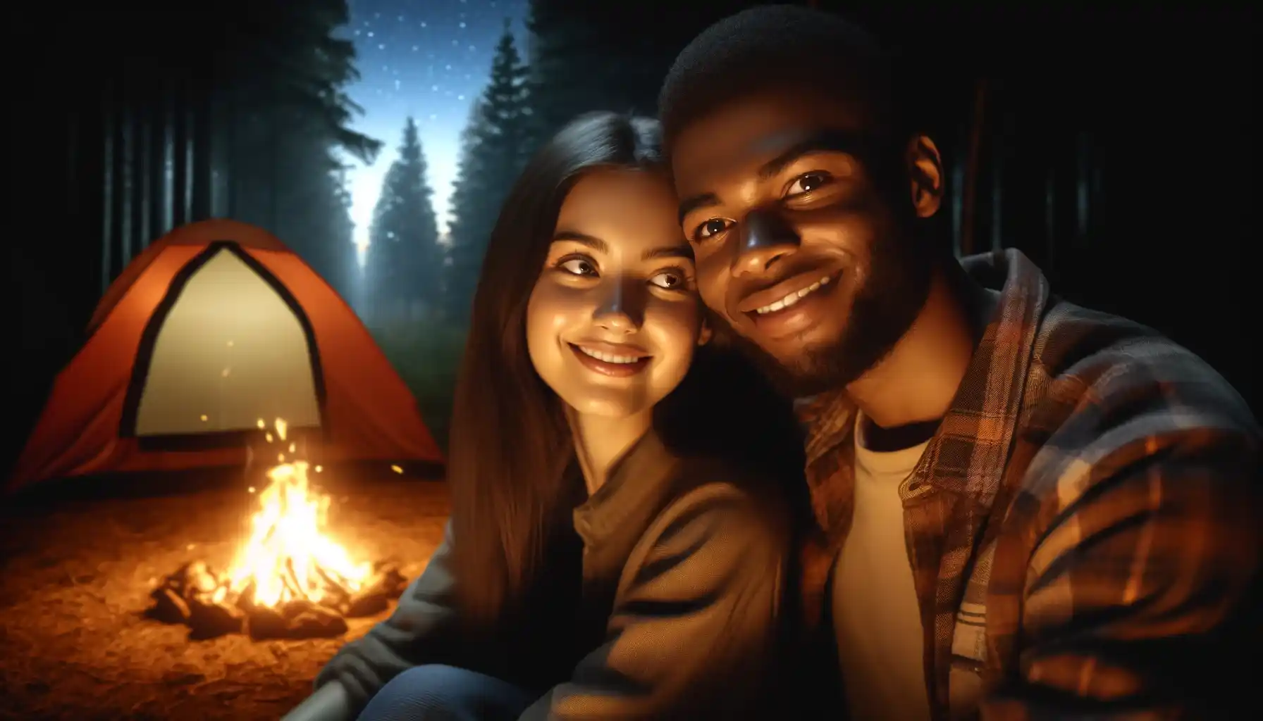 a close-up of an interracial couple of campers sitting near their tents in a forest at night. They are smiling warmly at each other, illuminated by the soft glow of a campfire.