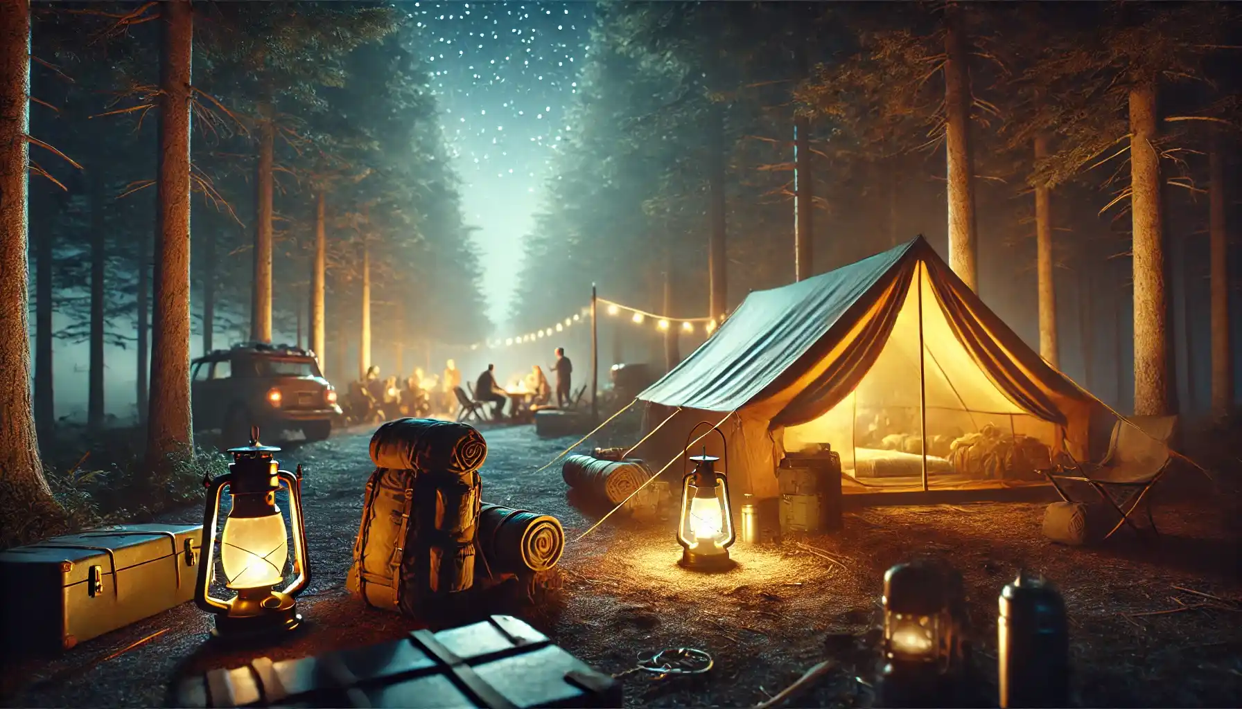 a tent with light coming from inside, surrounded by camping gear: backpacks, lanterns and a campfire. In the background, blurred figures of campers are seen talking.