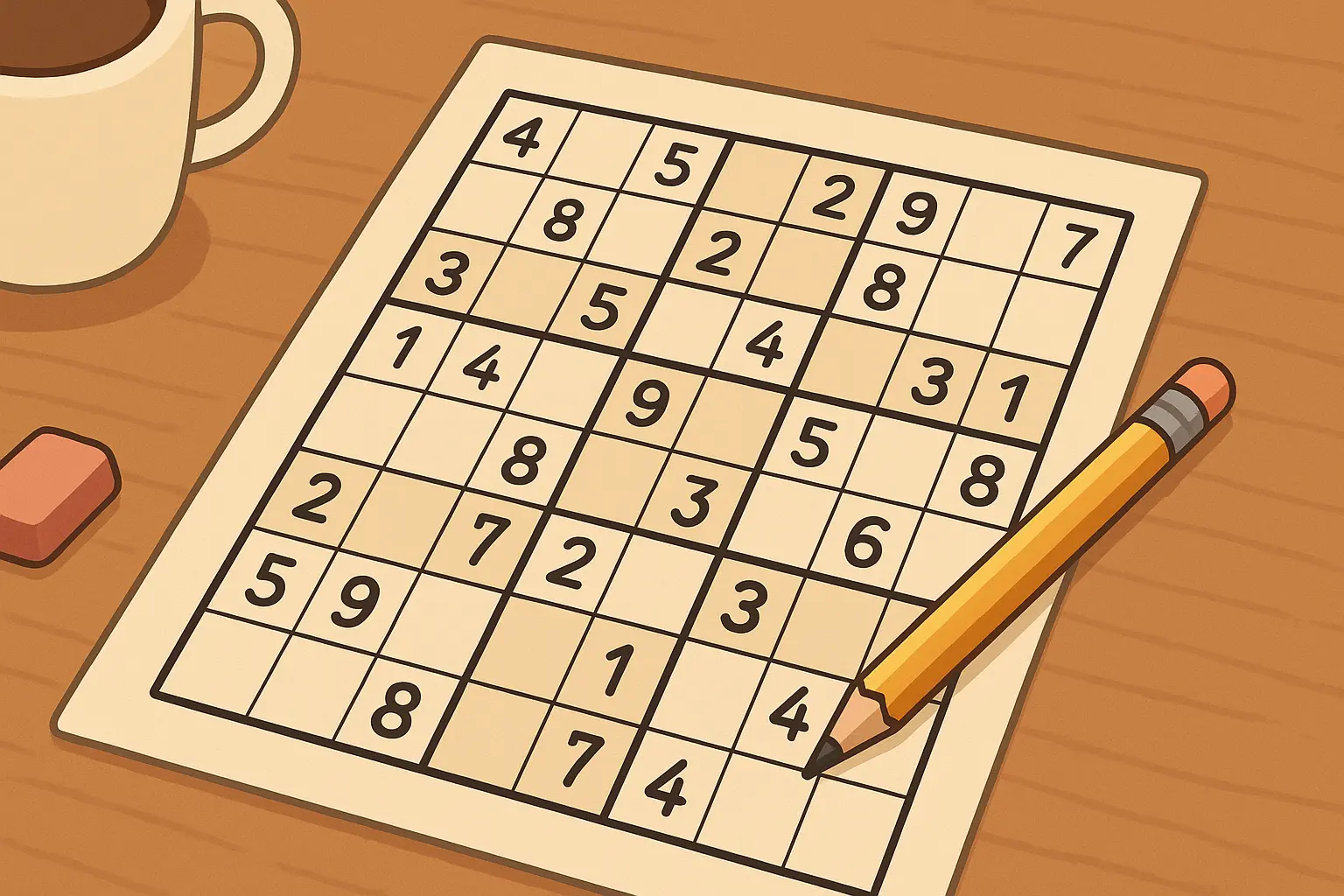 Sudoku puzzle on paper with pencil.