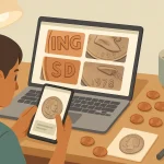 A student compares various US coins in a physical and digital way.