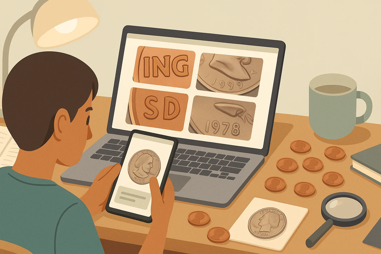 A student compares various US coins in a physical and digital way.