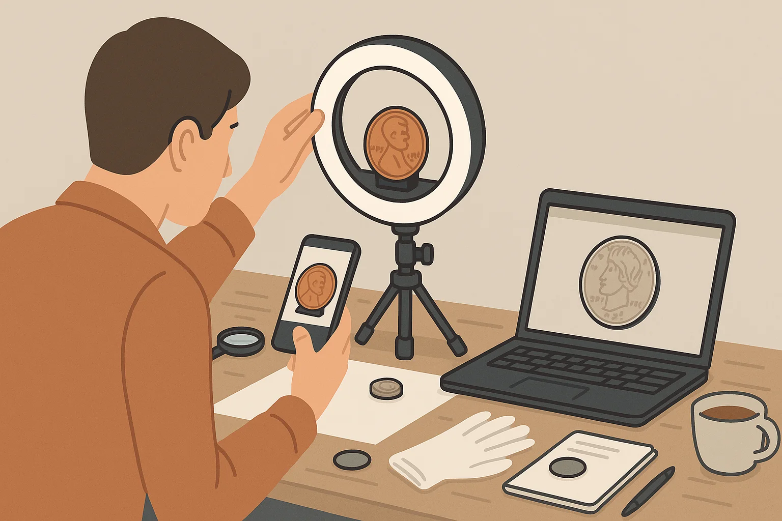 A collector takes a professional photo of a wheat penny.