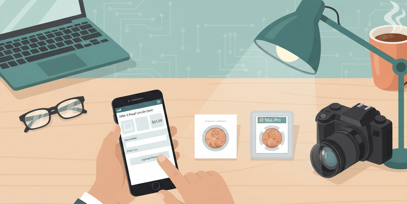 A seller listing a 1986 penny online, modern digital vector style