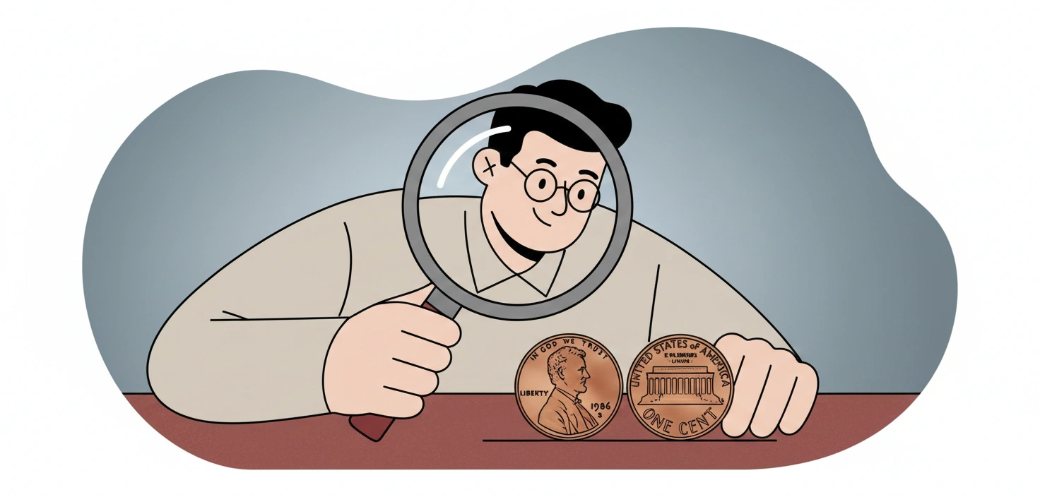 A collector examining a 1986 Lincoln penny under magnification